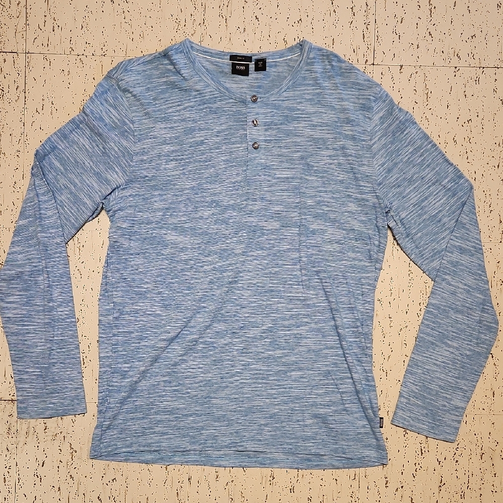 Hugo Boss Blue Speckle Style Slim Fit 1/4 Button Down Long Sleeve Tee